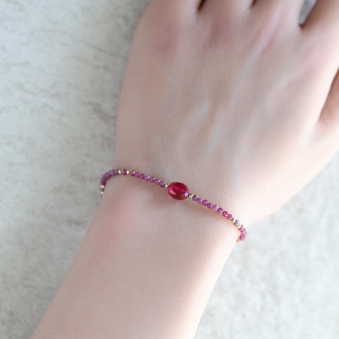 Tiny Ruby Bracelet Dainty Gemstone Beaded Bracelet Pink Crystal Jewelry Minimalist July Birthstone Birthday Gift for Women Mom Wife Daughter