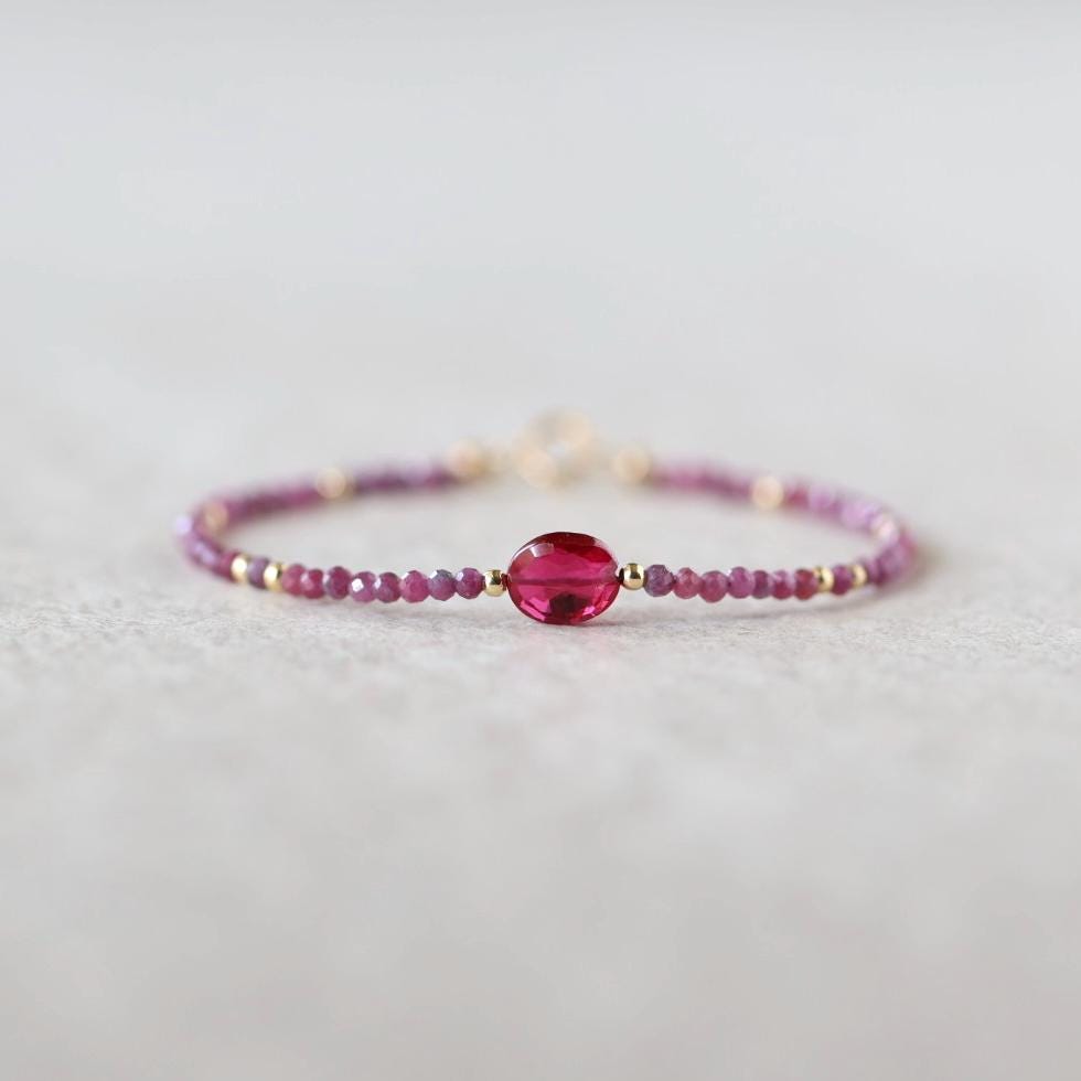 Tiny Ruby Bracelet Dainty Gemstone Beaded Bracelet Pink Crystal Jewelry Minimalist July Birthstone Birthday Gift for Women Mom Wife Daughter