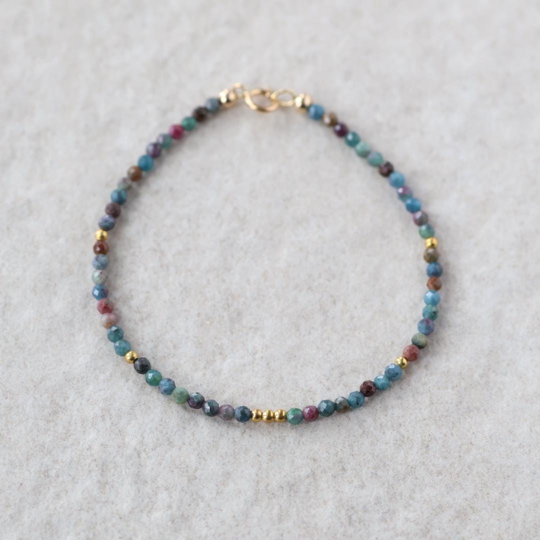 Tiny Ruby in Kyanite Bracelet Dainty Gemstone Beaded Bracelet Colorful Crystal Minimalist Jewelry Boho Wedding Gift Host Wife Bridesmaid