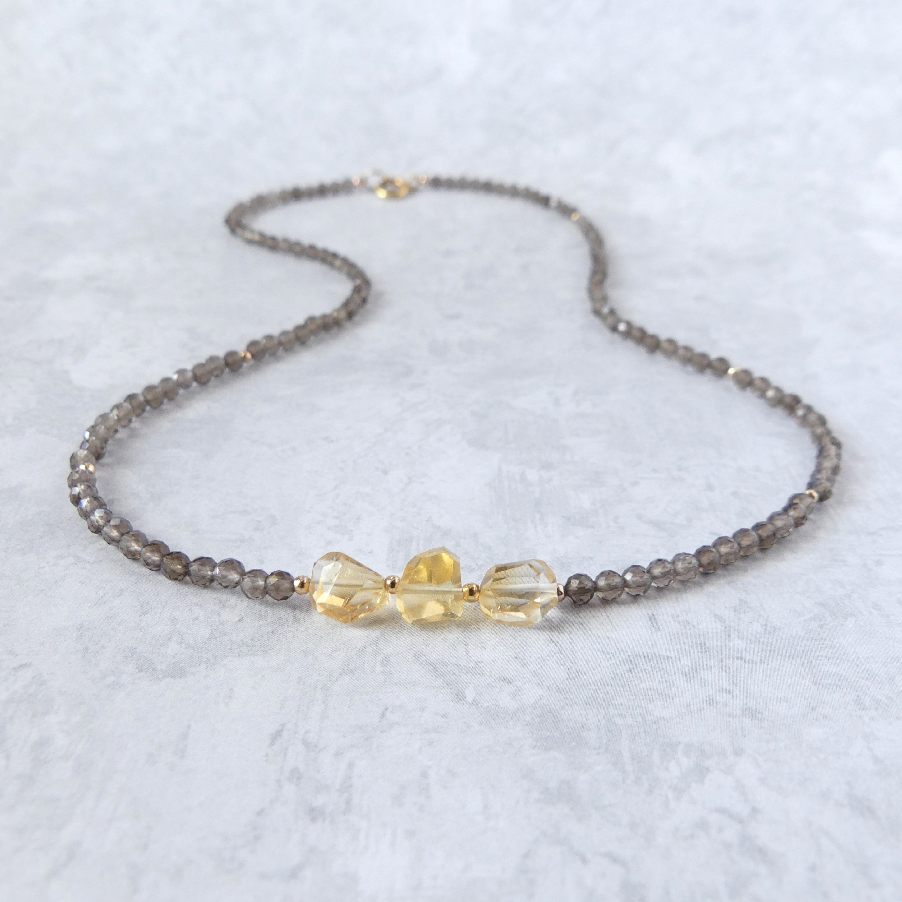 smoky quartz and citrine dainty beaded necklace November birthstone jewelry meaningful gift unique and handmade