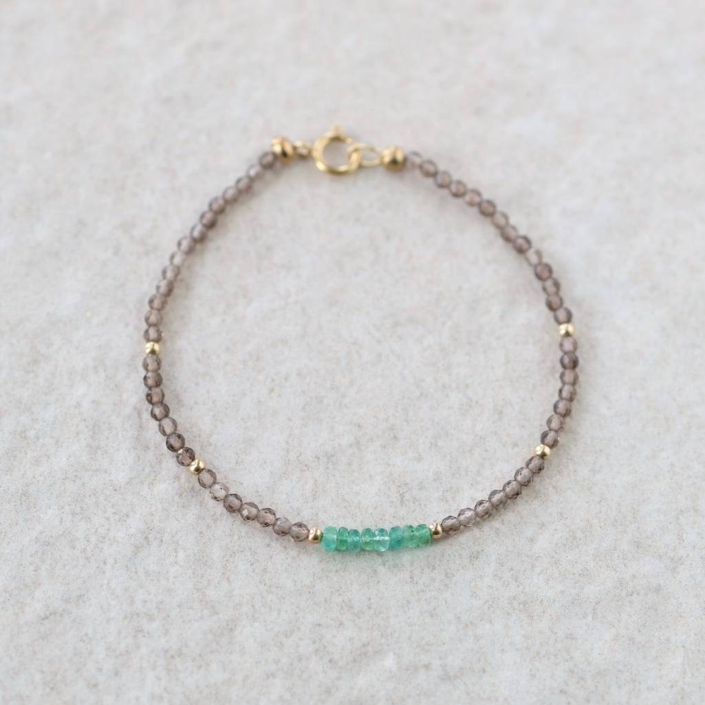 Tiny Emerald Bracelet Dainty Smoky Quartz Gemstone Beaded Jewelry Green Crystal Bracelet Minimalist May Birthstone Birthday Gift for Women