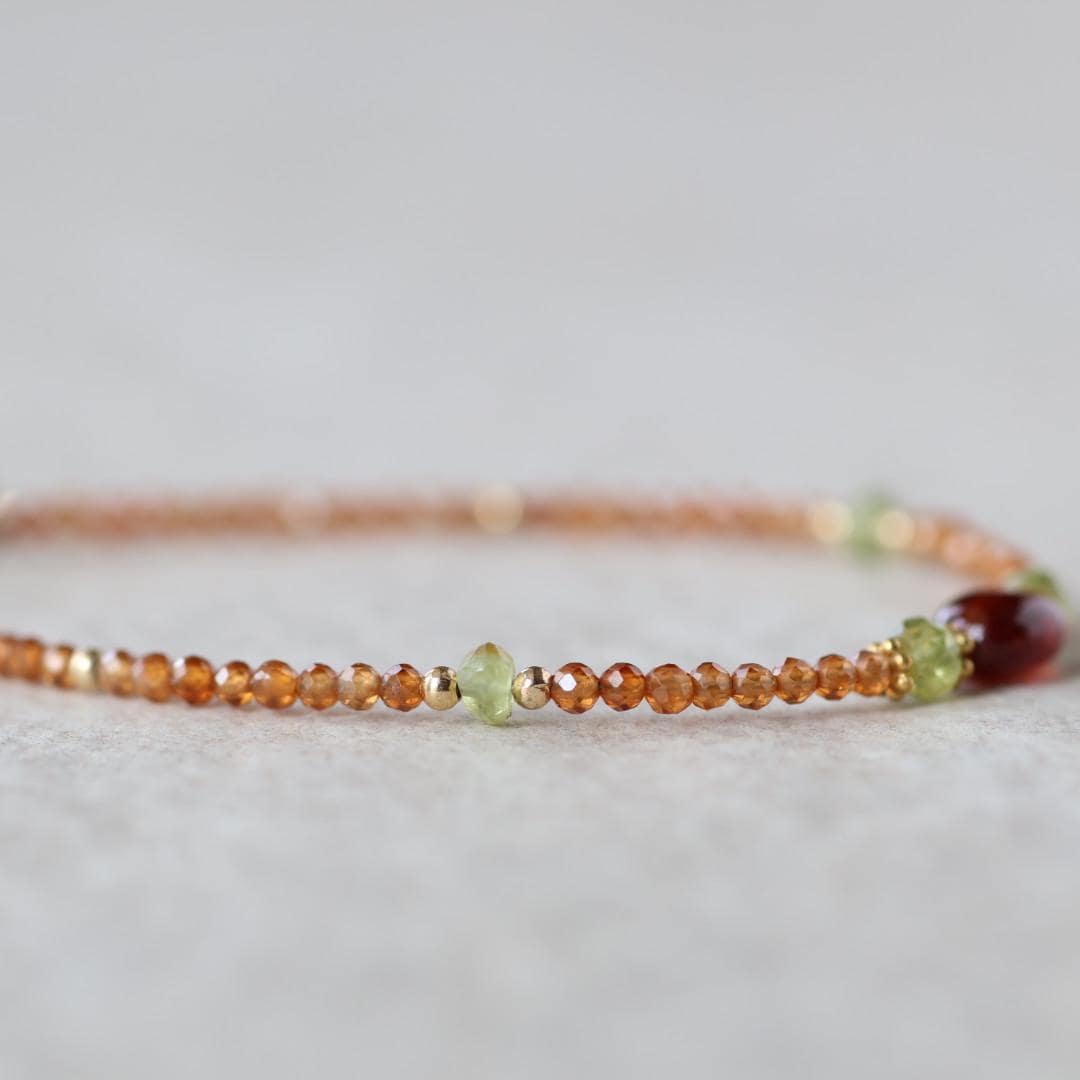 Dainty Spessartine Garnet Bracelet Peridot Gold Filled Beaded Jewelry Minimalist Skinny Bracelet Birthstone Bracelet Gift Bridesmaids Mom