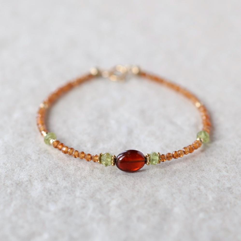 Dainty Spessartine Garnet Bracelet Peridot Gold Filled Beaded Jewelry Minimalist Skinny Bracelet Birthstone Bracelet Gift Bridesmaids Mom