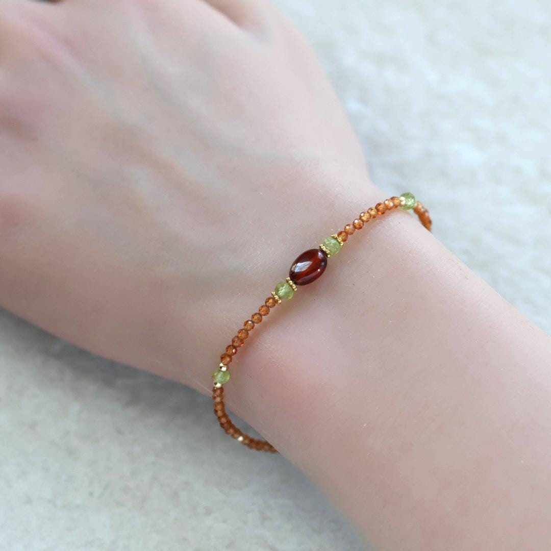 Dainty Spessartine Garnet Bracelet Peridot Gold Filled Beaded Jewelry Minimalist Skinny Bracelet Birthstone Bracelet Gift Bridesmaids Mom
