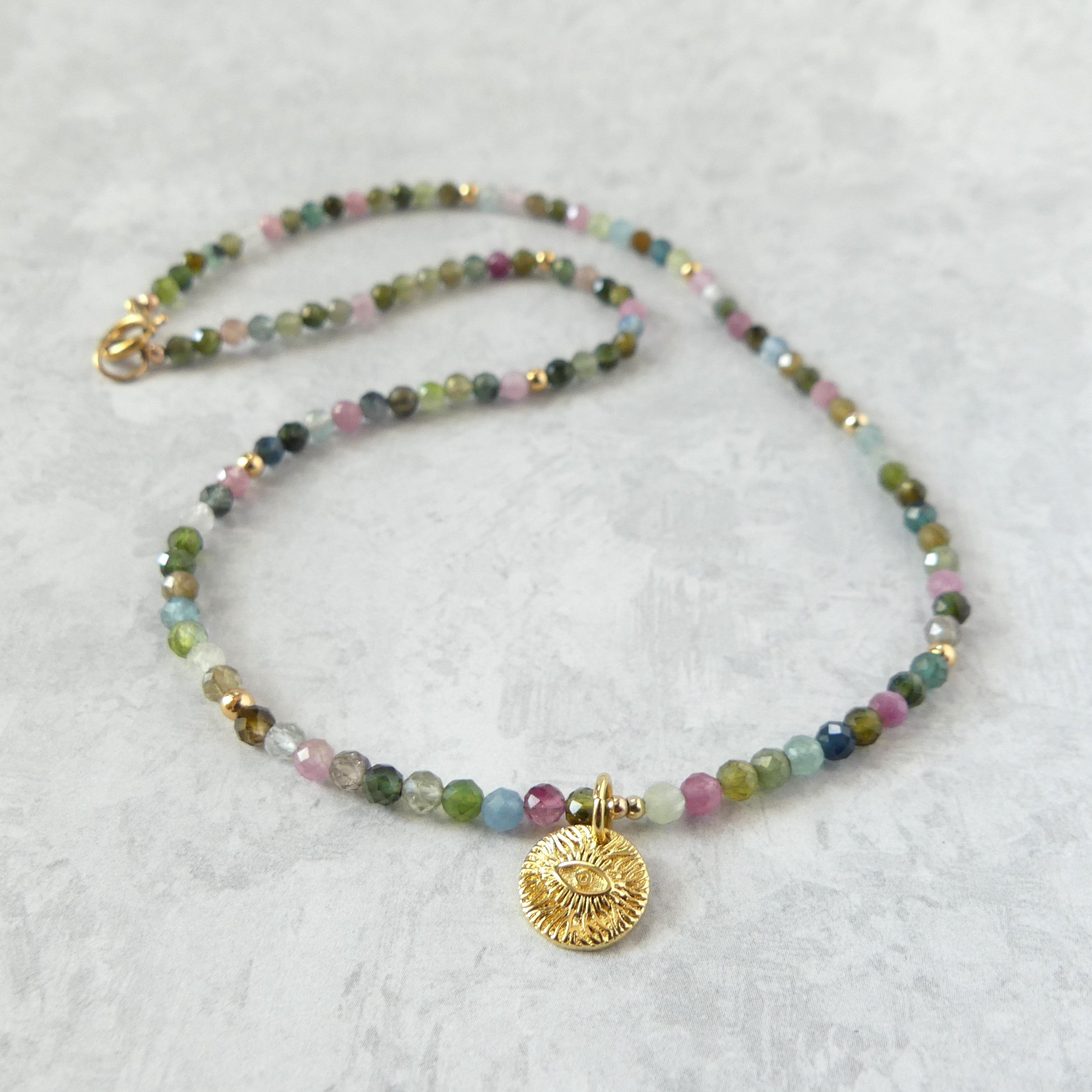 dainty watermelon tourmaline beaded necklace with evil eye pendant October birthstone necklace meaningful gift uniquechandmade