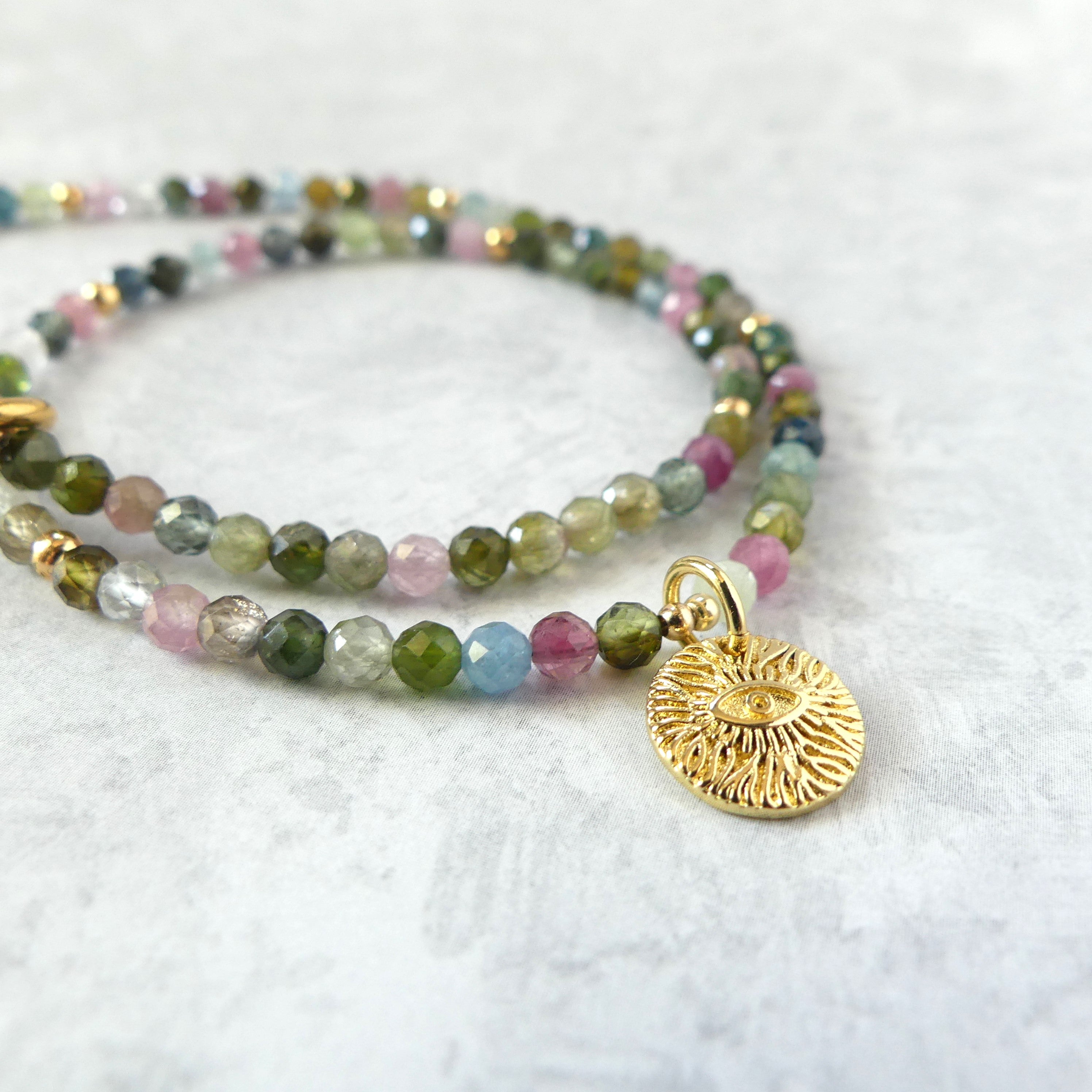 dainty watermelon tourmaline beaded necklace with evil eye pendant October birthstone necklace meaningful gift uniquechandmade