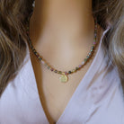 dainty watermelon tourmaline beaded necklace with evil eye pendant gold filled