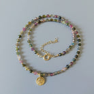 dainty watermelon tourmaline beaded necklace with evil eye pendant gold filled