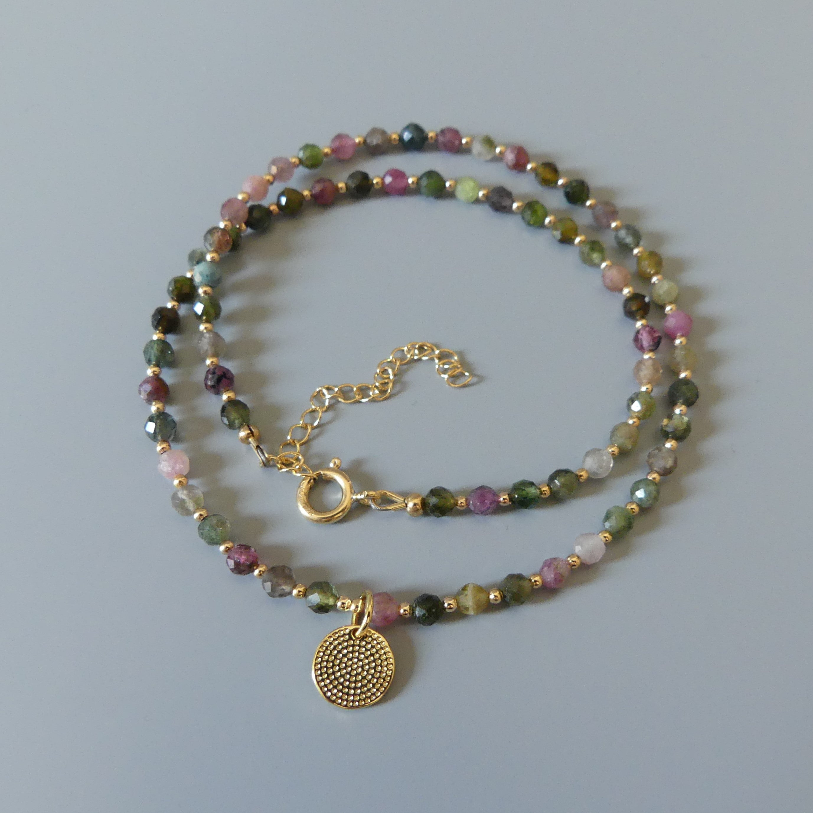 dainty watermelon tourmaline beaded necklace with evil eye pendant gold filled