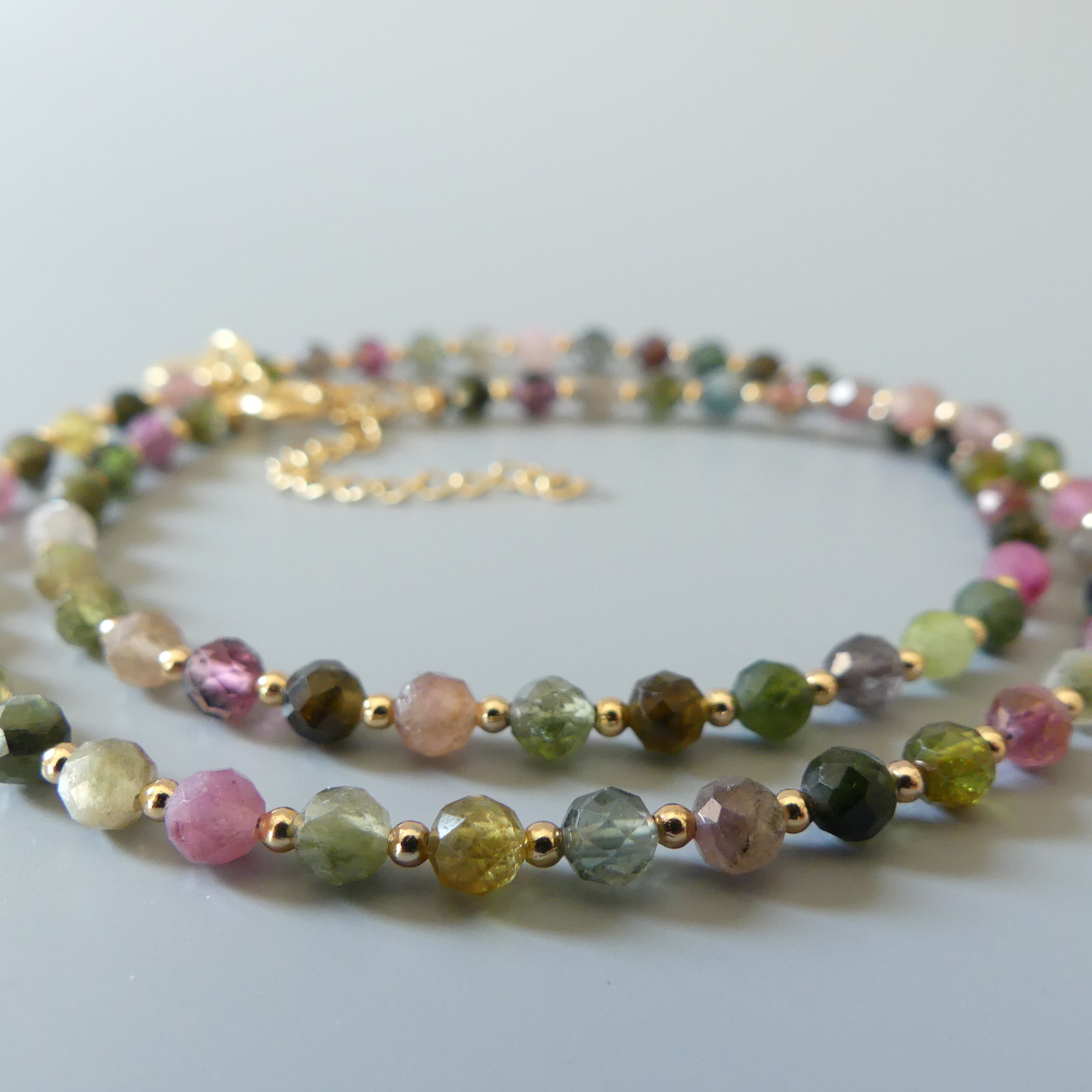 dainty watermelon tourmaline beaded necklace with evil eye pendant gold filled