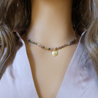 dainty watermelon tourmaline beaded necklace with evil eye pendant gold filled