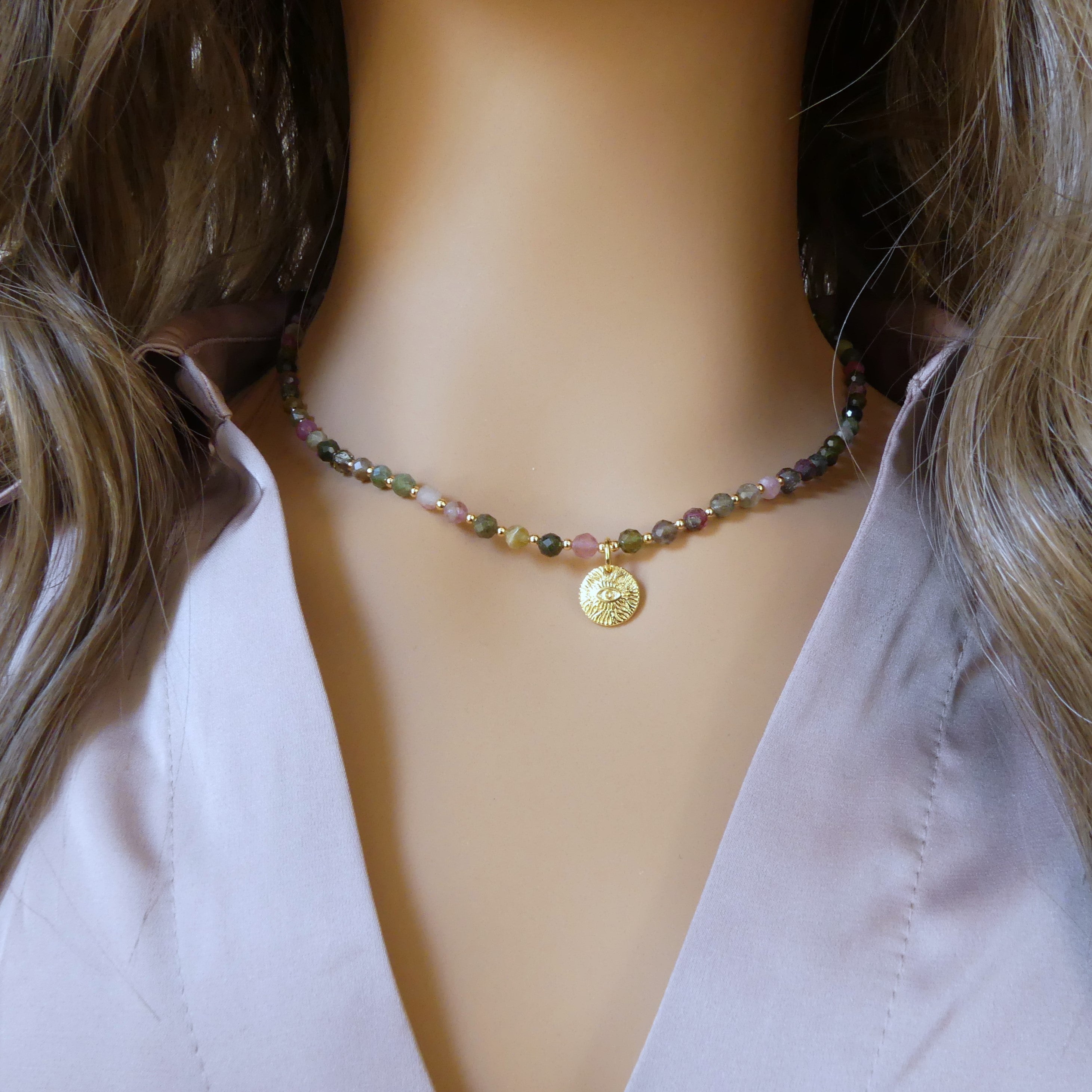 dainty watermelon tourmaline beaded necklace with evil eye pendant gold filled