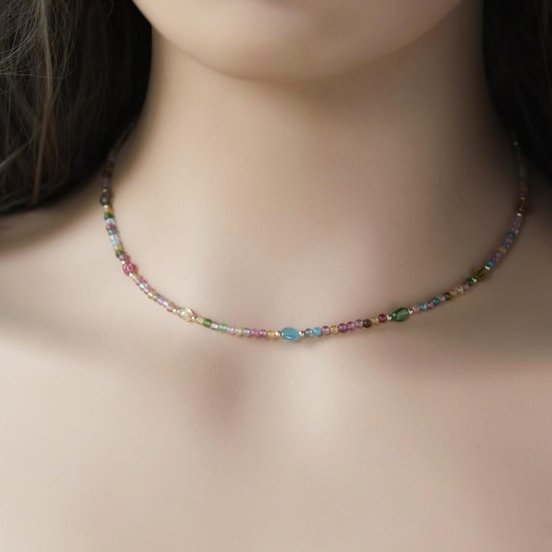 Dainty Watermelon Tourmaline Necklace Beaded Choker Colorful Layering Gemstone Crystal Minimalist Jewelry Birthday Gift October Birthstone