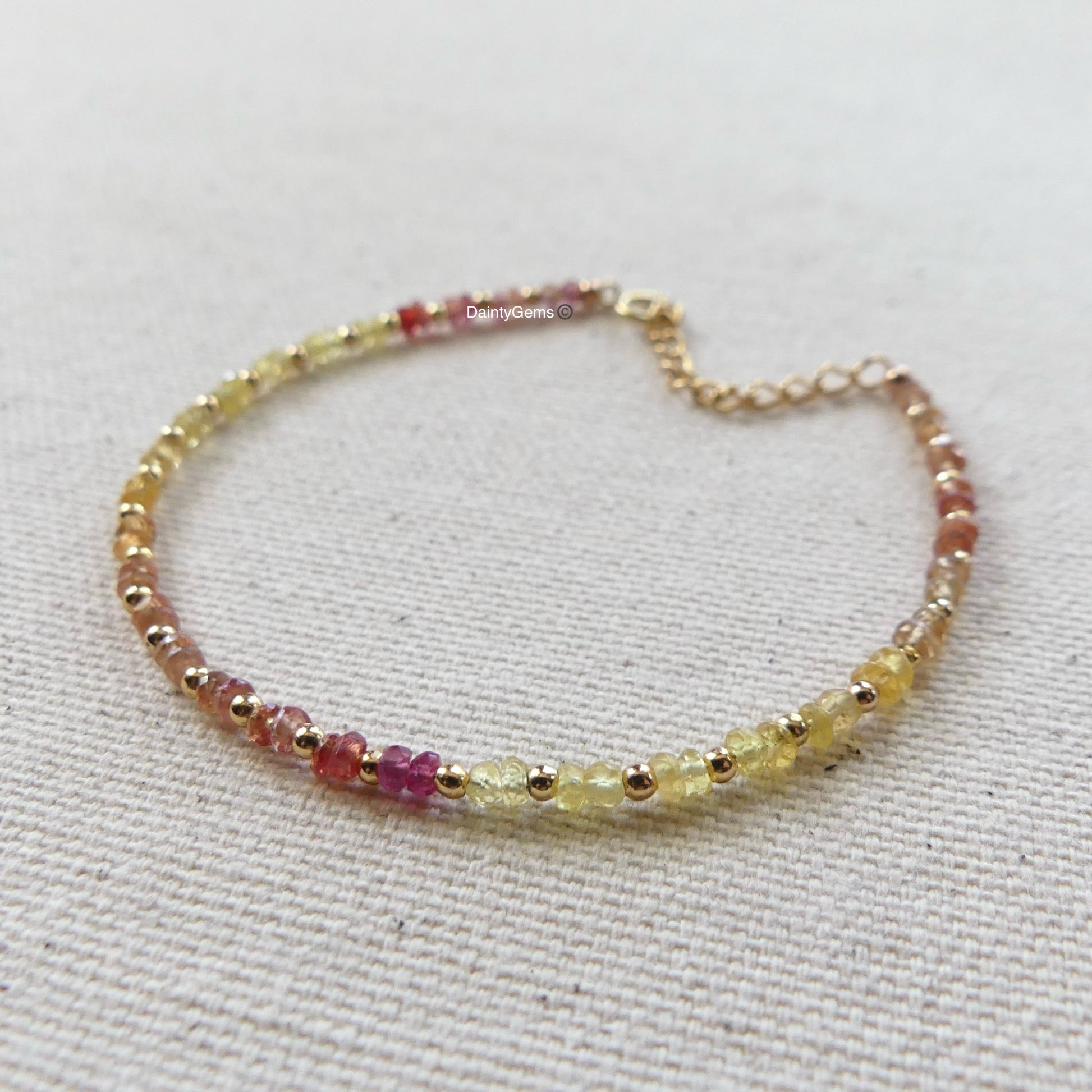 dainty padparadscha and yellow sapphire beaded bracelet September birthstone delicate jewelry meaningful gift unique and handmade