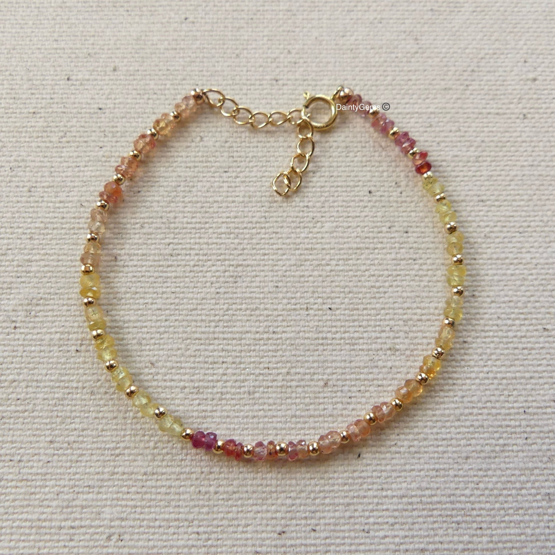 dainty padparadscha and yellow sapphire beaded bracelet September birthstone delicate jewelry meaningful gift unique and handmade