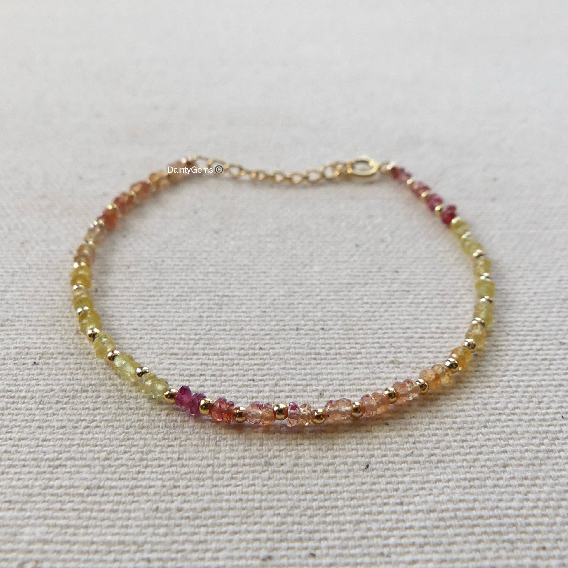 dainty padparadscha and yellow sapphire beaded bracelet September birthstone delicate jewelry meaningful gift unique and handmade