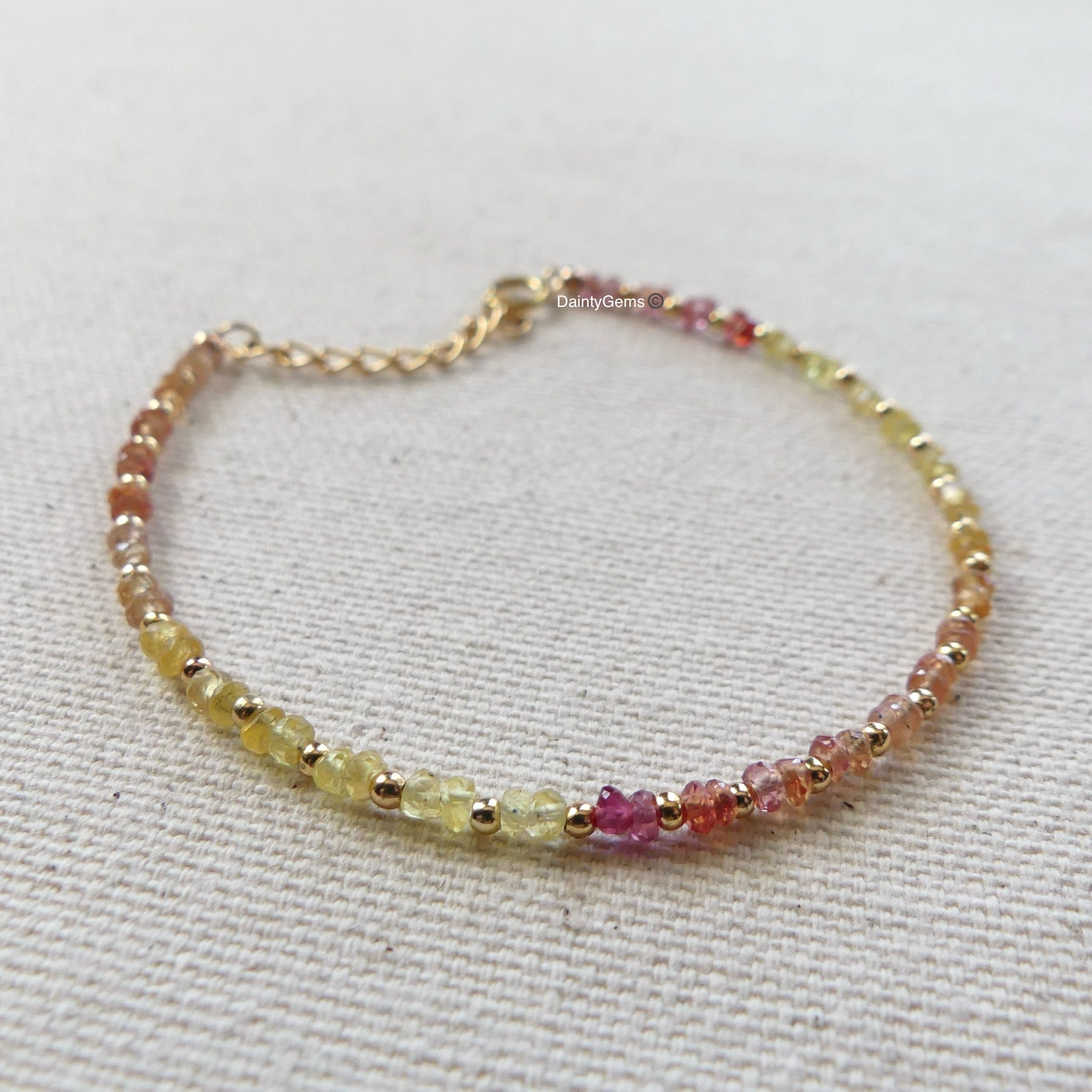 dainty padparadscha and yellow sapphire beaded bracelet September birthstone delicate jewelry meaningful gift unique and handmade