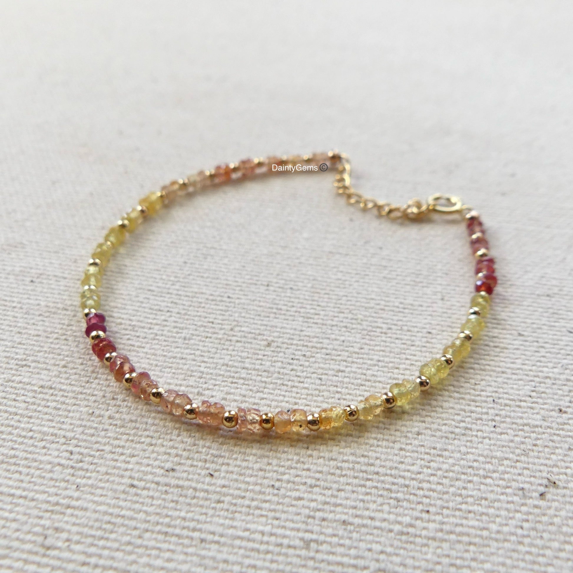 dainty padparadscha and yellow sapphire beaded bracelet September birthstone delicate jewelry meaningful gift unique and handmade