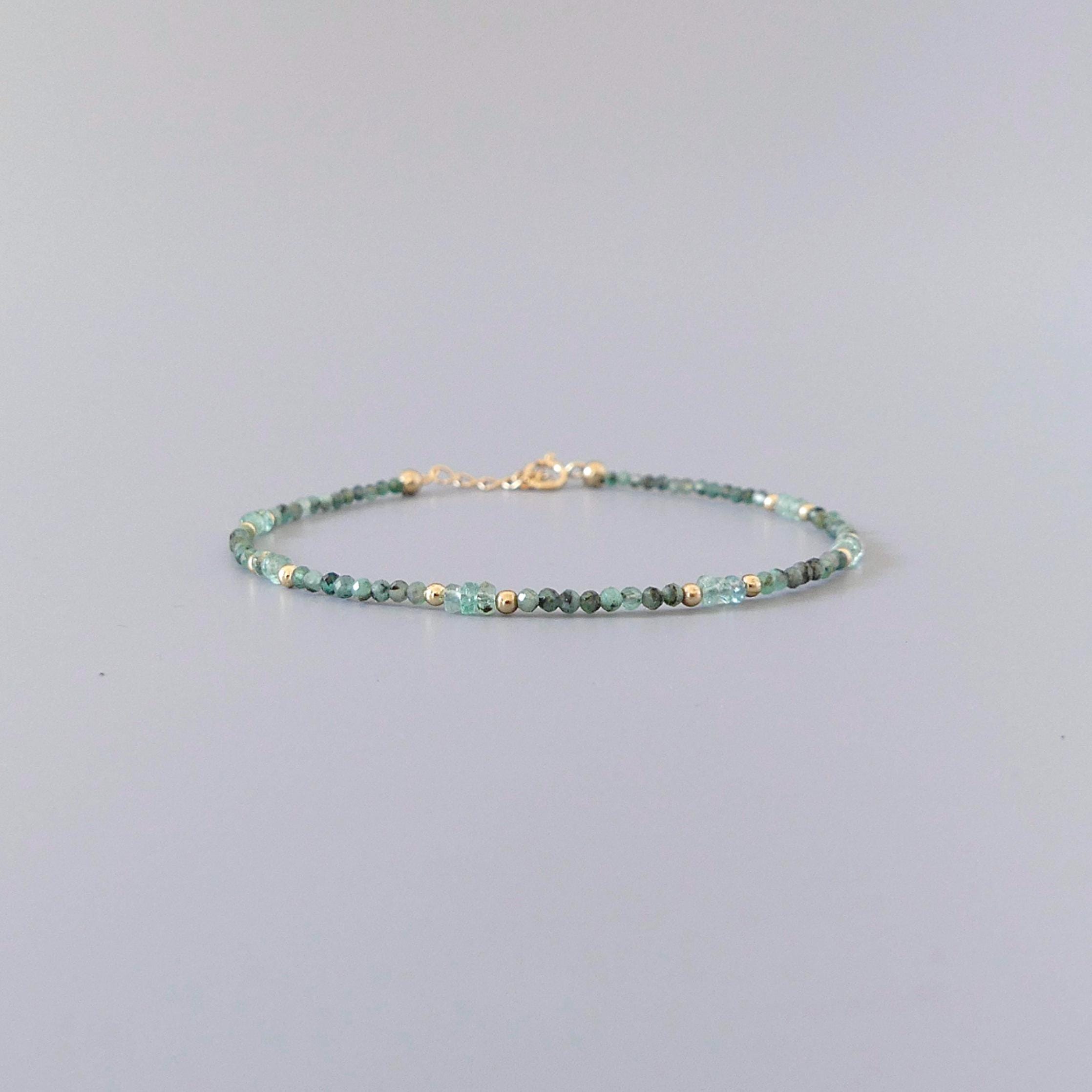 Dainty Emerald Bracelet Simple Zambian Emerald Beaded Green Crystal Jewelry Minimalist May Birthstone Gift 20th Anniversary Bridesmaid Gift