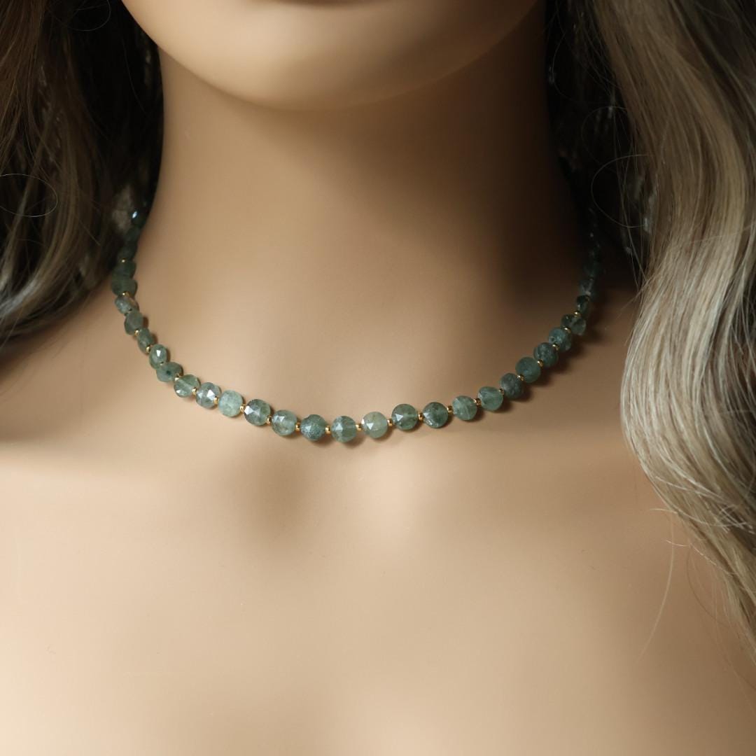 Dainty Moss Aquamarine Necklace Beaded Choker Layering Simple Necklace Minimalist Jewelry Gift March Birthstone Mom Wife Bridesmaids