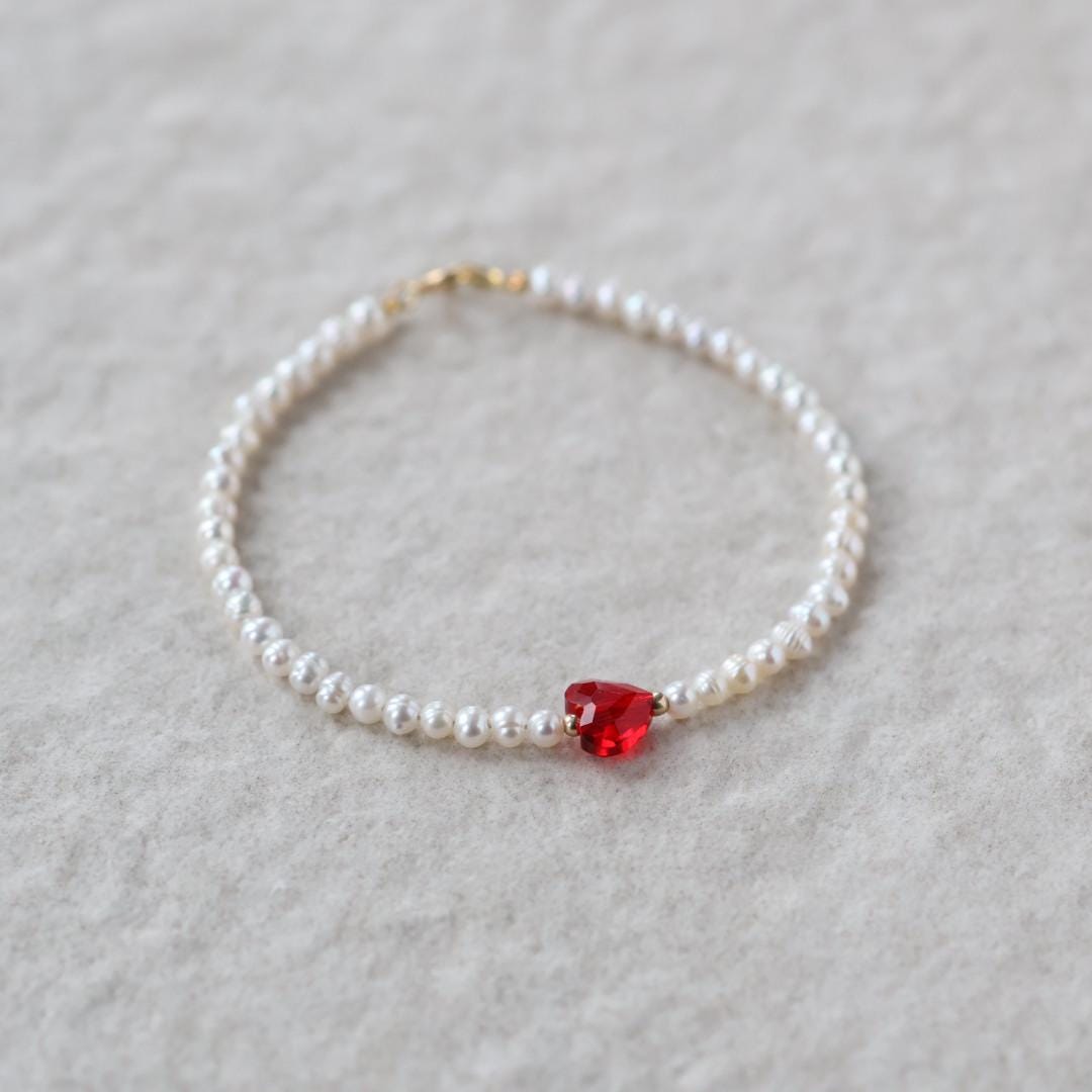 Natural Pearl Bracelet Dainty Red Heart Charm Jewelry Minimalist Pearls June Birthstone Birthday Gift Valentines Galentines Bridesmaids