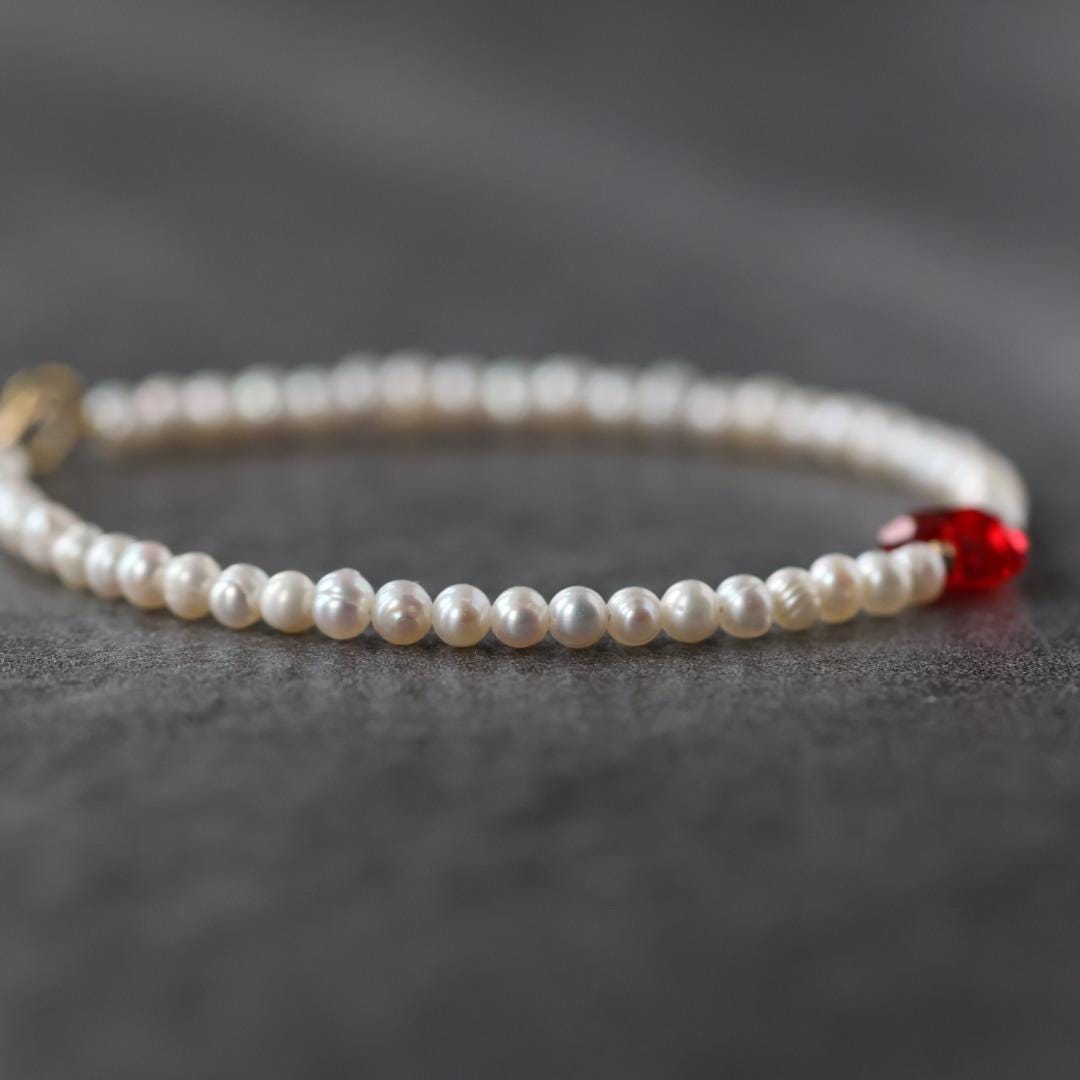 Natural Pearl Bracelet Dainty Red Heart Charm Jewelry Minimalist Pearls June Birthstone Birthday Gift Valentines Galentines Bridesmaids
