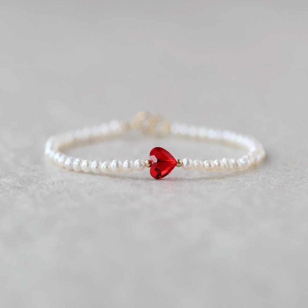Natural Pearl Bracelet Dainty Red Heart Charm Jewelry Minimalist Pearls June Birthstone Birthday Gift Valentines Galentines Bridesmaids