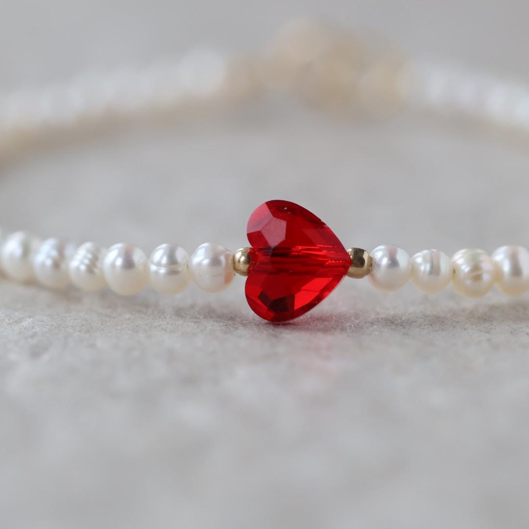 Natural Pearl Bracelet Dainty Red Heart Charm Jewelry Minimalist Pearls June Birthstone Birthday Gift Valentines Galentines Bridesmaids