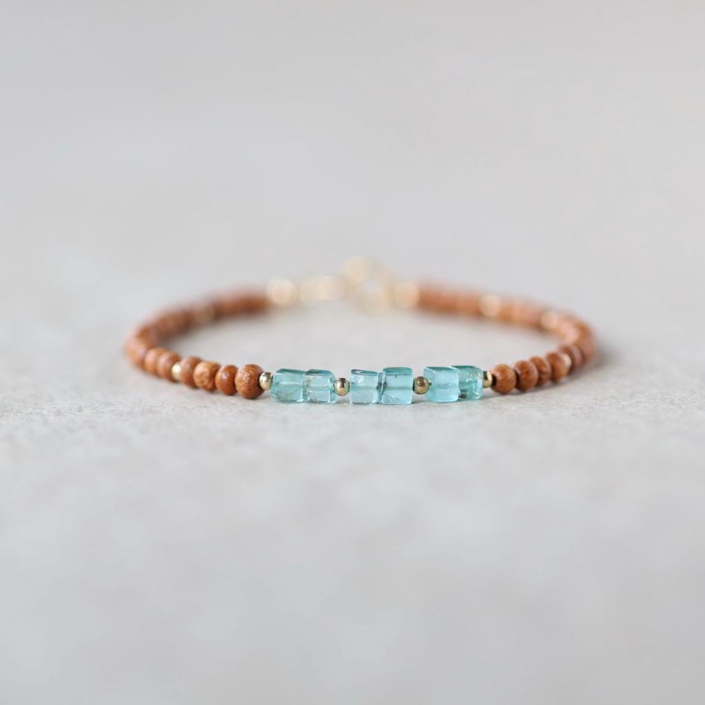 Tiny Sandalwood Bracelet Apatite Dainty Gemstone Beaded Bracelet Blue Crystal Stacking Jewelry Minimalist Birthday Gift Mom Wife Bridesmaids