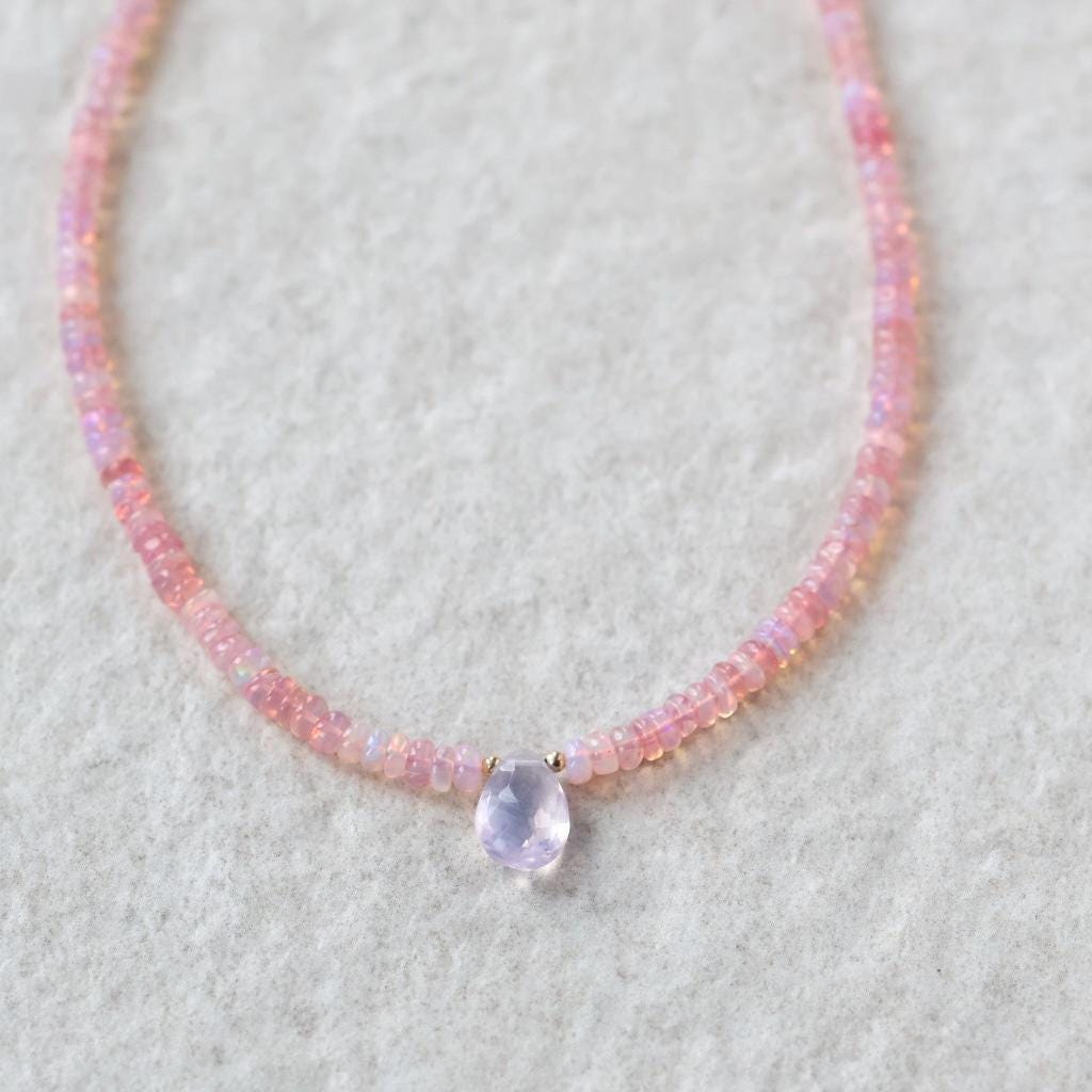 Opal Necklace Lavender Quartz Beaded Choker Pink Opal Layering Gemstone Crystal Minimalist Jewelry Birthday Gift Women October Birthstone