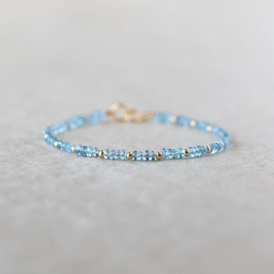 Tiny Aquamarine Bracelet Dainty Gemstone Beaded Bracelet Blue Crystal Jewelry Minimalist March Birthstone Birthday Gift Mom Wife Bridesmaids