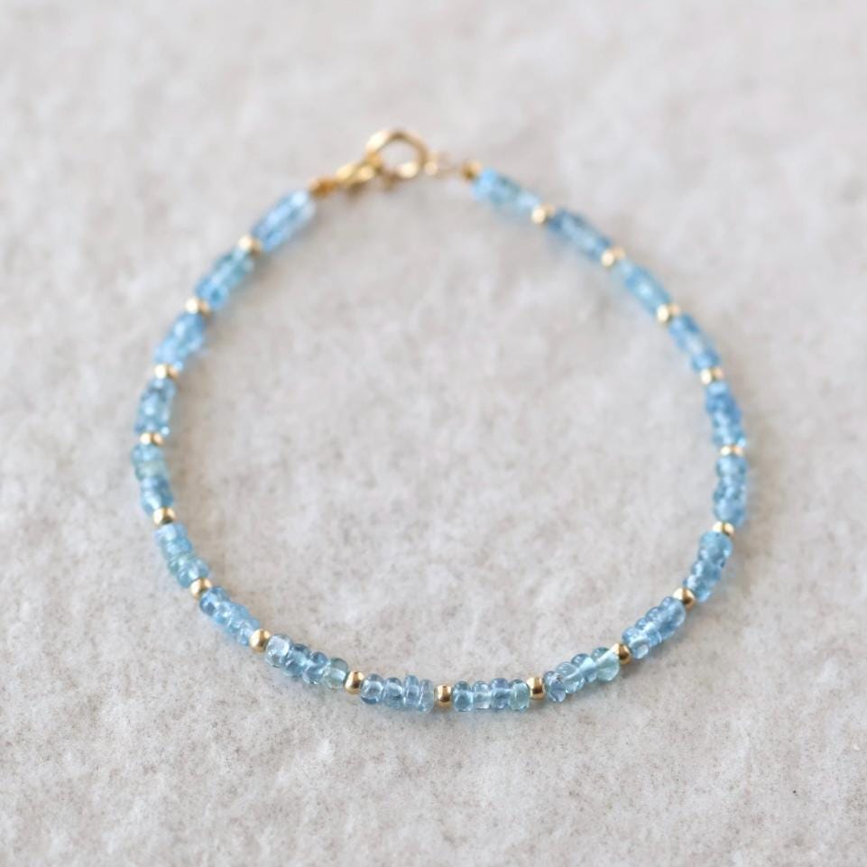 Tiny Aquamarine Bracelet Dainty Gemstone Beaded Bracelet Blue Crystal Jewelry Minimalist March Birthstone Birthday Gift Mom Wife Bridesmaids