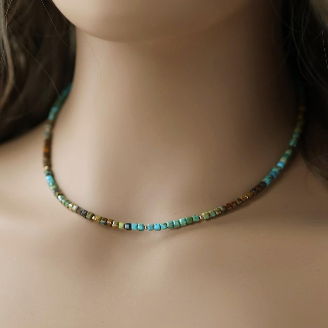 Dainty Arizona Turquoise Necklace Beaded Choker Layering Gemstone Crystal Necklace Minimalist Jewelry Gift December Birthstone Mom Wife Aunt