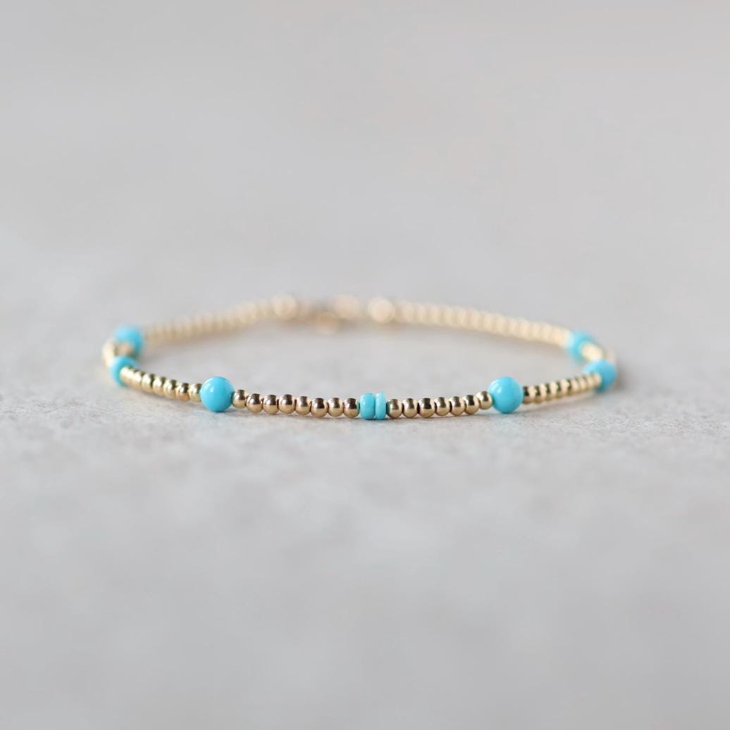 Sleeping Beauty Turquoise Bracelet Dainty Gold Filled Beads December Birthstone Minimalist Jewelry Silver Bracelet Birthday Gift Bride Wife