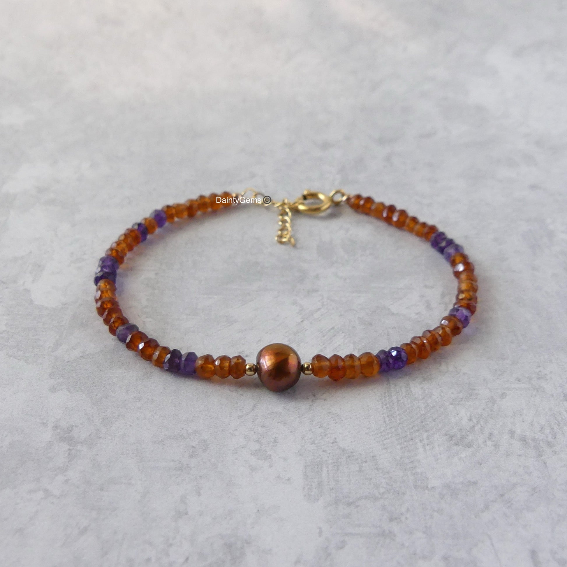 spessartine garnet and amethyst dainty bracelet with pearl