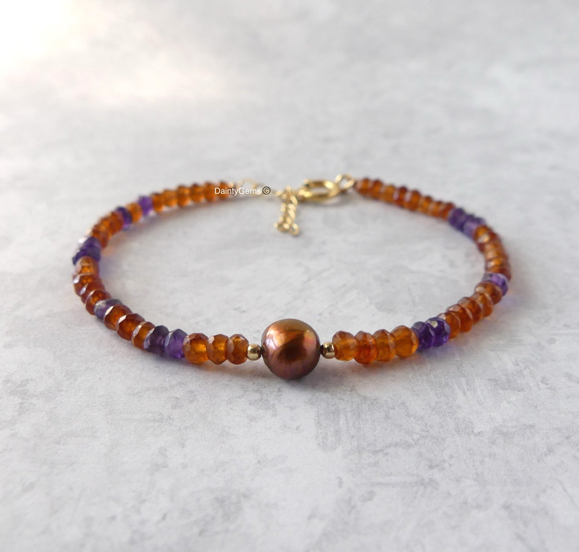 spessartine garnet and amethyst dainty bracelet with pearl