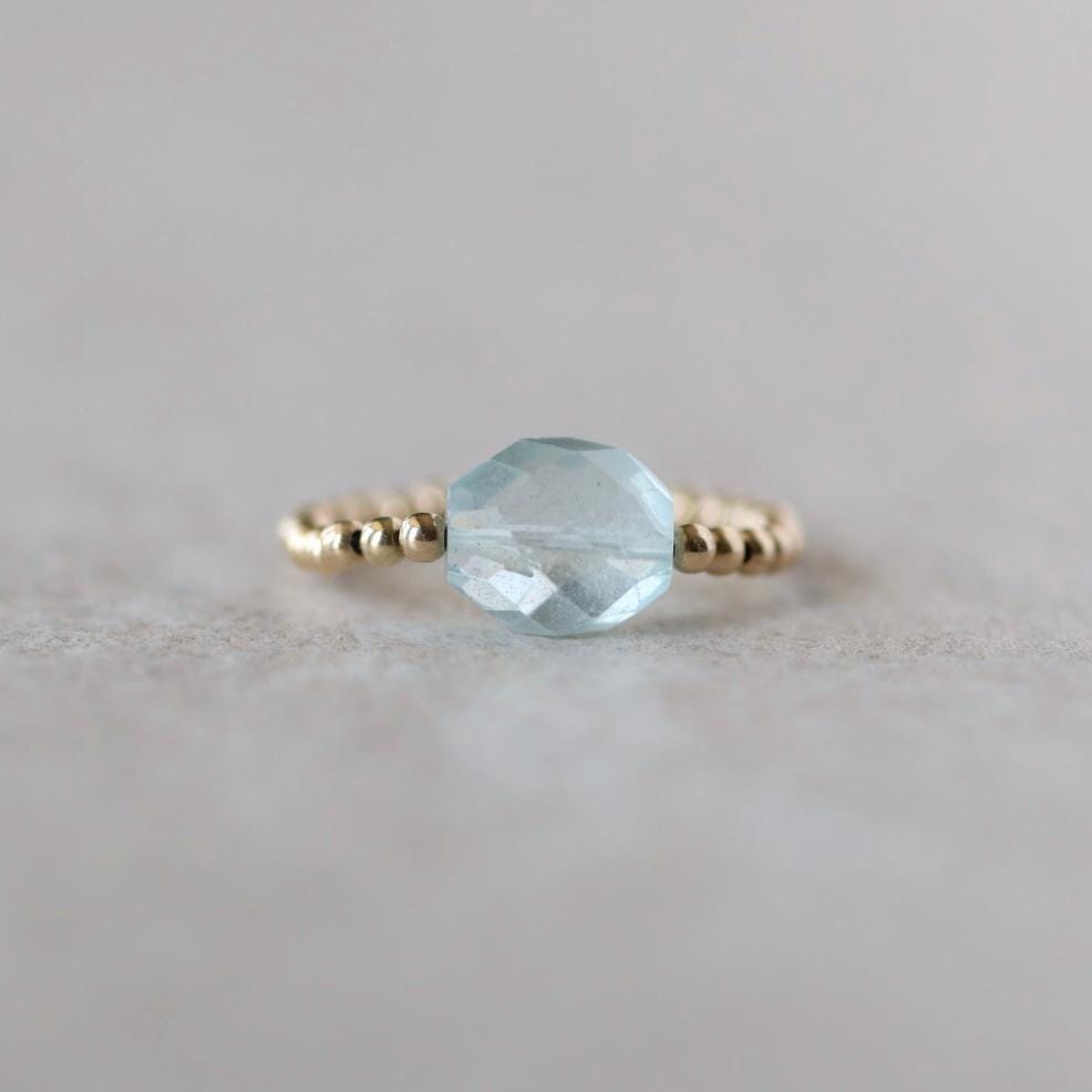 Aquamarine Stretch Ring Gold Filled Dainty Beaded Gemstone Elastic Silver Boho Ring Minimalist March Birthstone Birthday Gift Mom