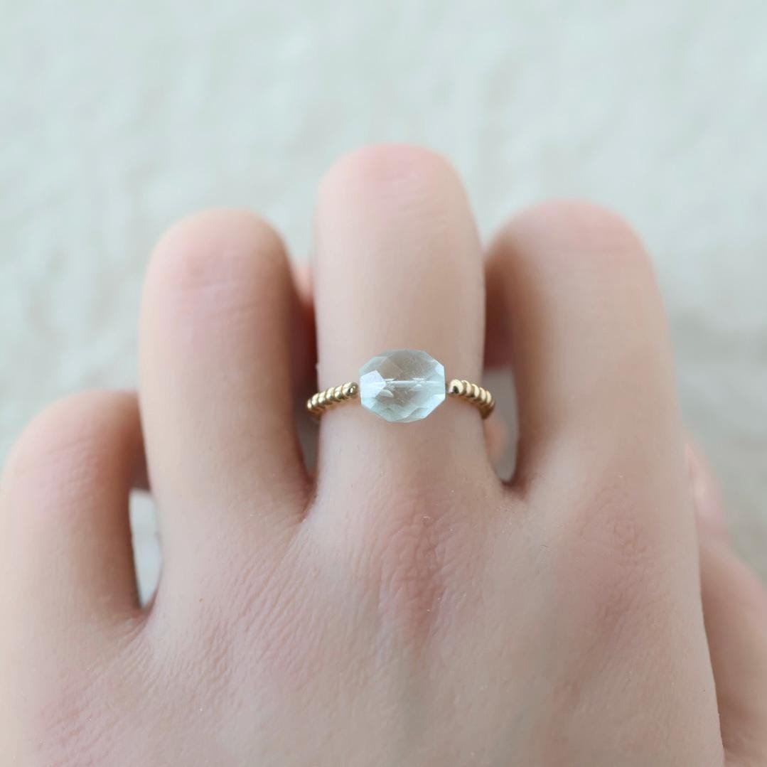 Aquamarine Stretch Ring Gold Filled Dainty Beaded Gemstone Elastic Silver Boho Ring Minimalist March Birthstone Birthday Gift Mom