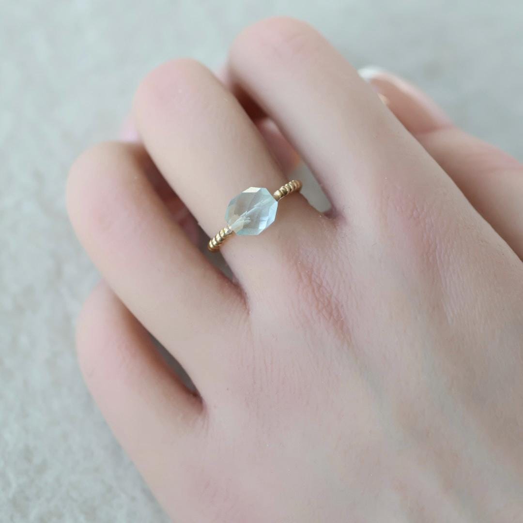 Aquamarine Stretch Ring Gold Filled Dainty Beaded Gemstone Elastic Silver Boho Ring Minimalist March Birthstone Birthday Gift Mom