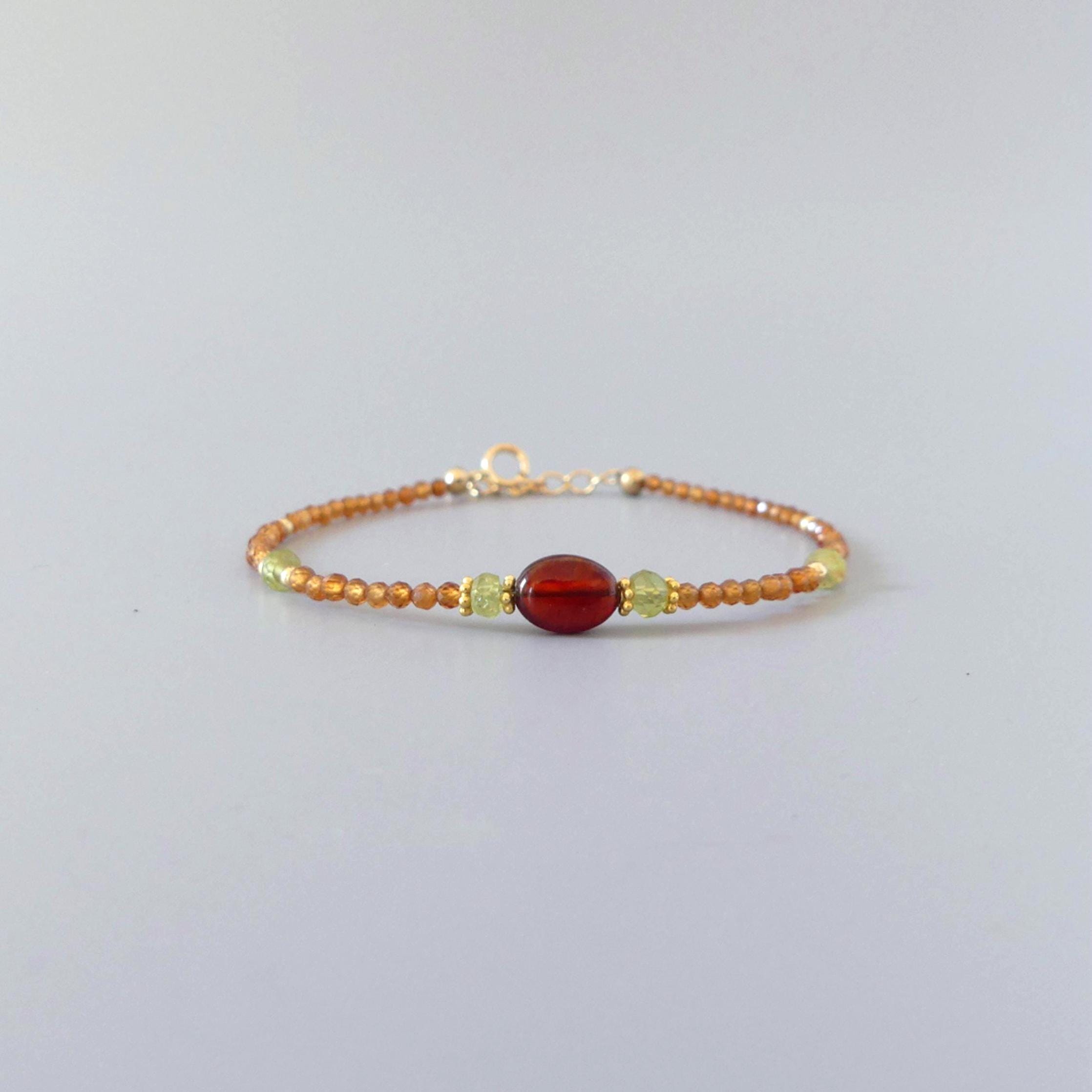 Dainty Spessartine Garnet Bracelet Hessonite Peridot Gold Filled Beaded Jewelry Minimalist Skinny Birthstone Bracelet Gift Bridesmaids