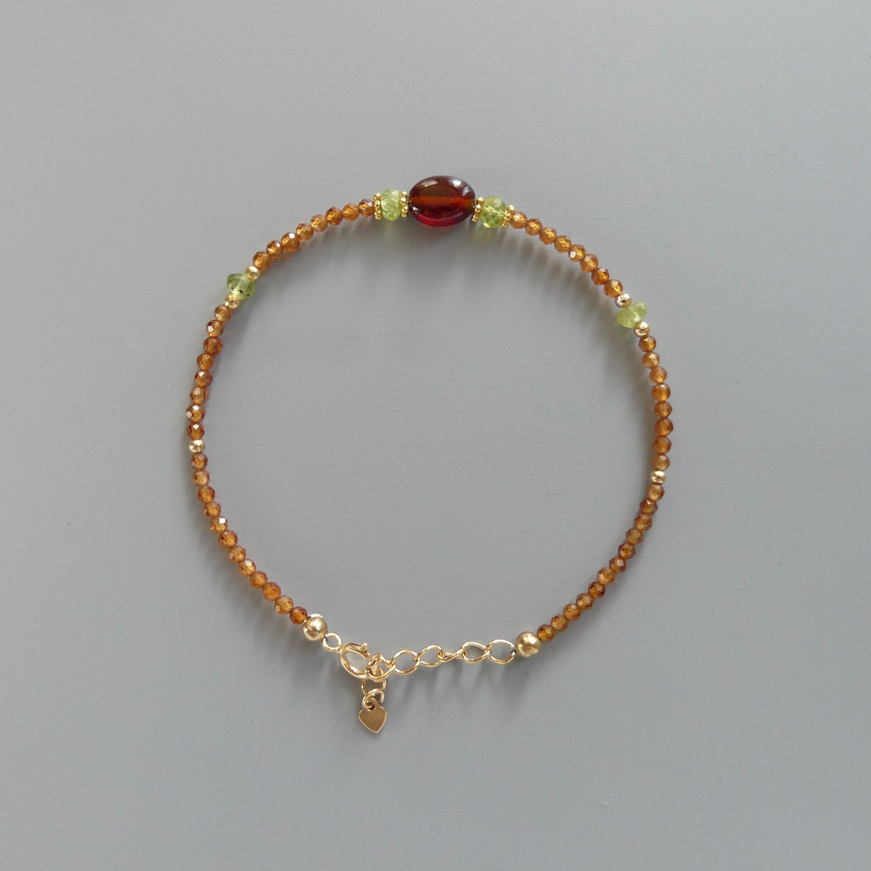 Dainty Spessartine Garnet Bracelet Hessonite Peridot Gold Filled Beaded Jewelry Minimalist Skinny Birthstone Bracelet Gift Bridesmaids