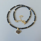 Dainty Black Spinel Beaded Necklace Sparkly Lotus Gold Pendant Gemstone Delicate Cute Choker Crystal Layering Jewelry Mom Birthday Christmas