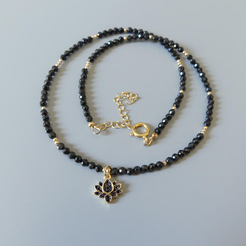 Dainty Black Spinel Beaded Necklace Sparkly Lotus Gold Pendant Gemstone Delicate Cute Choker Crystal Layering Jewelry Mom Birthday Christmas