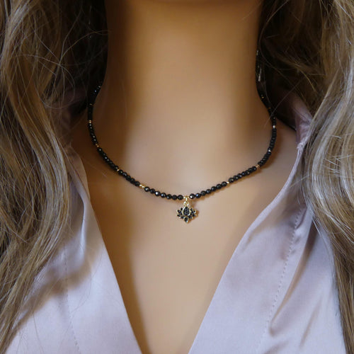 Dainty Black Spinel Beaded Necklace Sparkly Lotus Gold Pendant Gemstone Delicate Cute Choker Crystal Layering Jewelry Mom Birthday Christmas