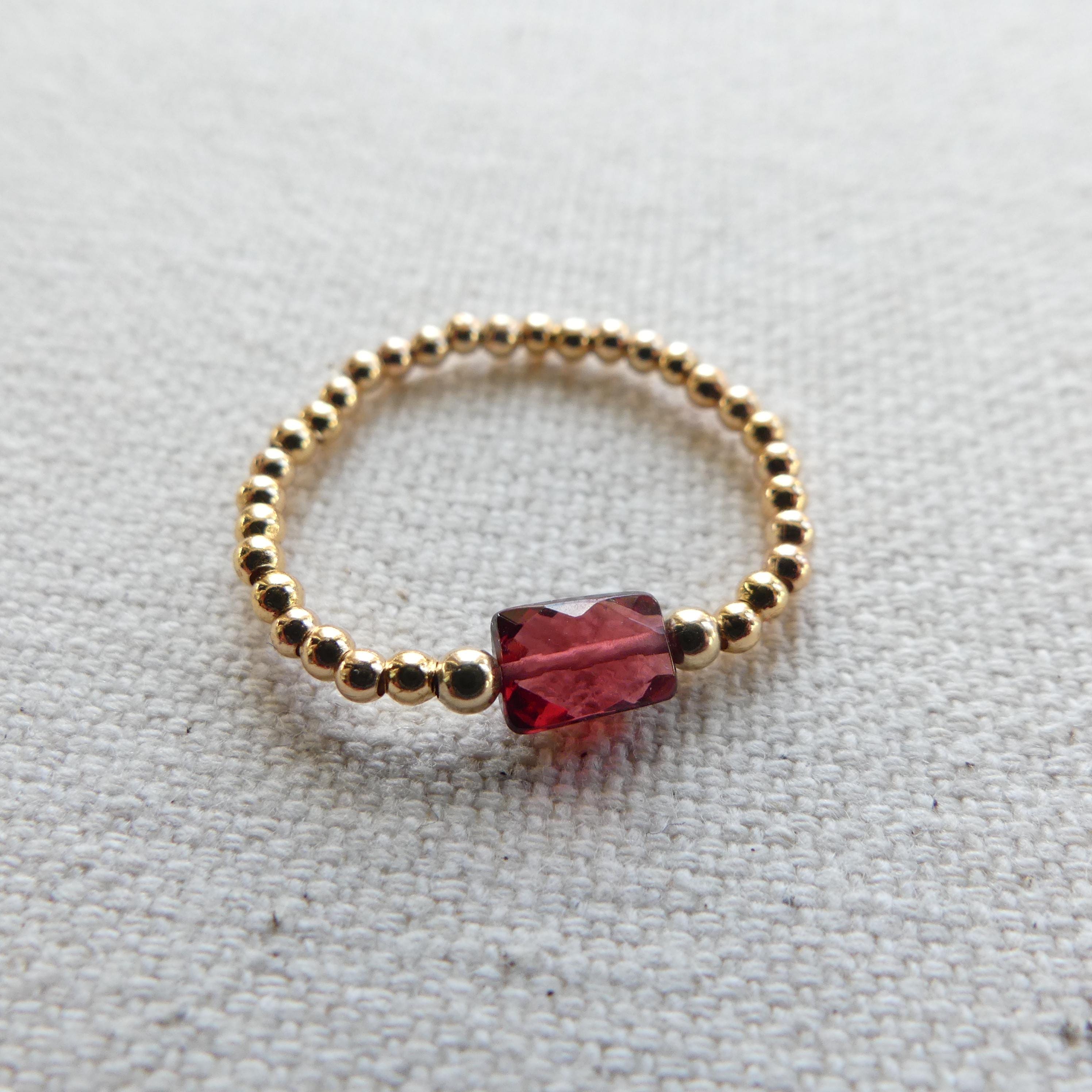 Tiny Garnet Stretch Ring Gold Filled Dainty Beaded Gemstone Elastic Silver Boho Ring Minimalist Anxiety January Birthstone Birthday Gift Mom