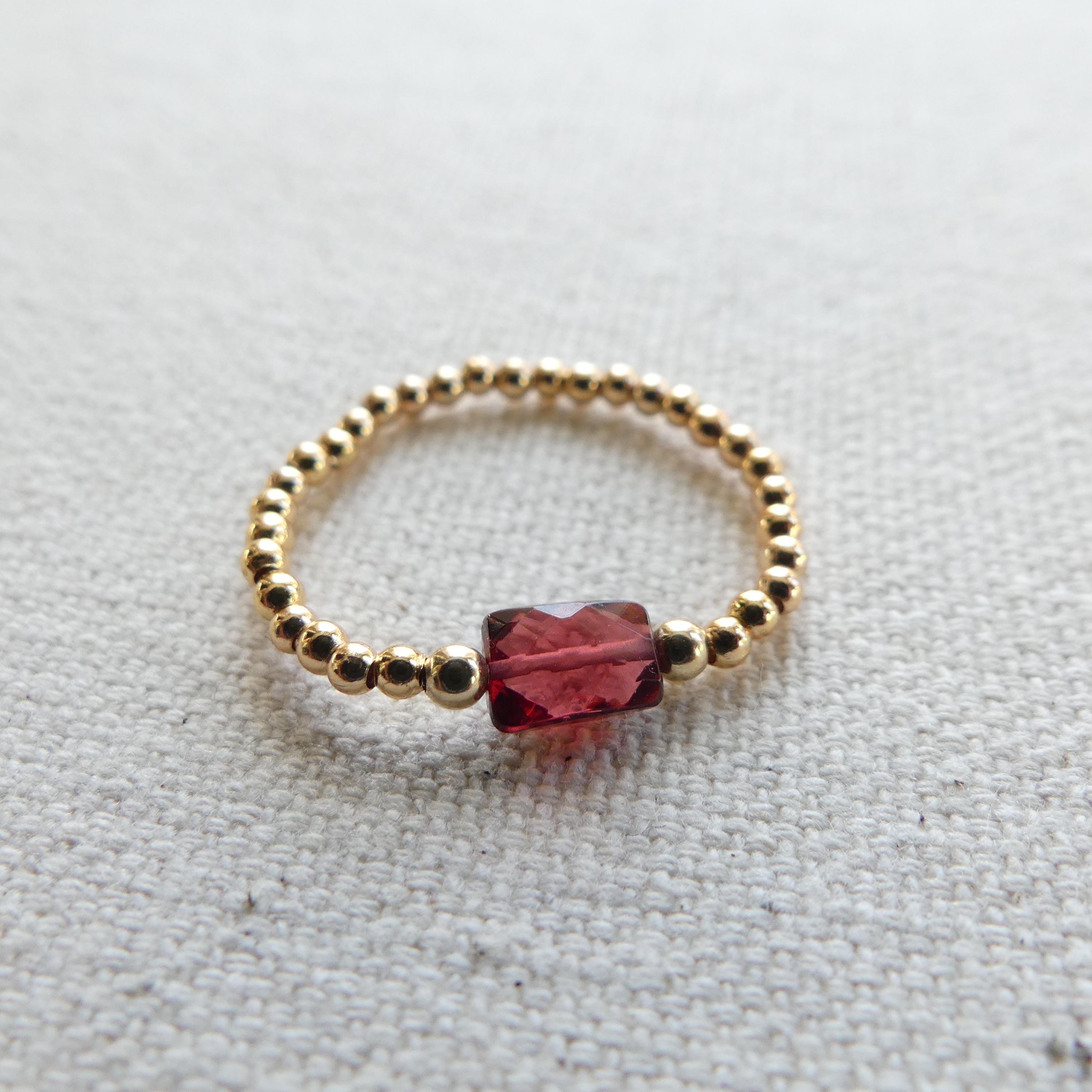 Tiny Garnet Stretch Ring Gold Filled Dainty Beaded Gemstone Elastic Silver Boho Ring Minimalist Anxiety January Birthstone Birthday Gift Mom