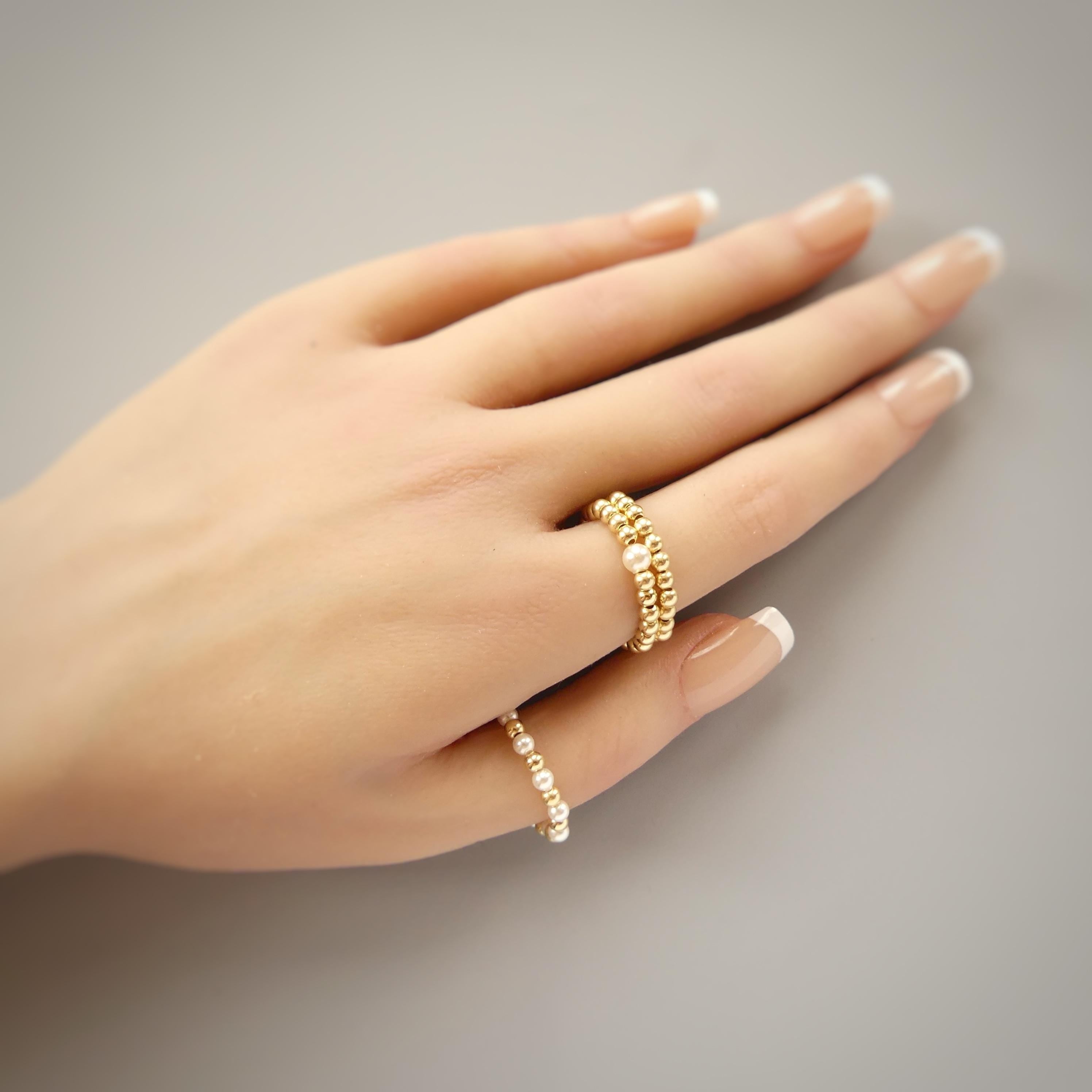 Pearl Stretch Ring Set Dainty Stacking Ring 3mm Beaded Gold filled Ring Elastic Boho Rings Minimalist Birthday Gift Mom Bride Friend Grandma