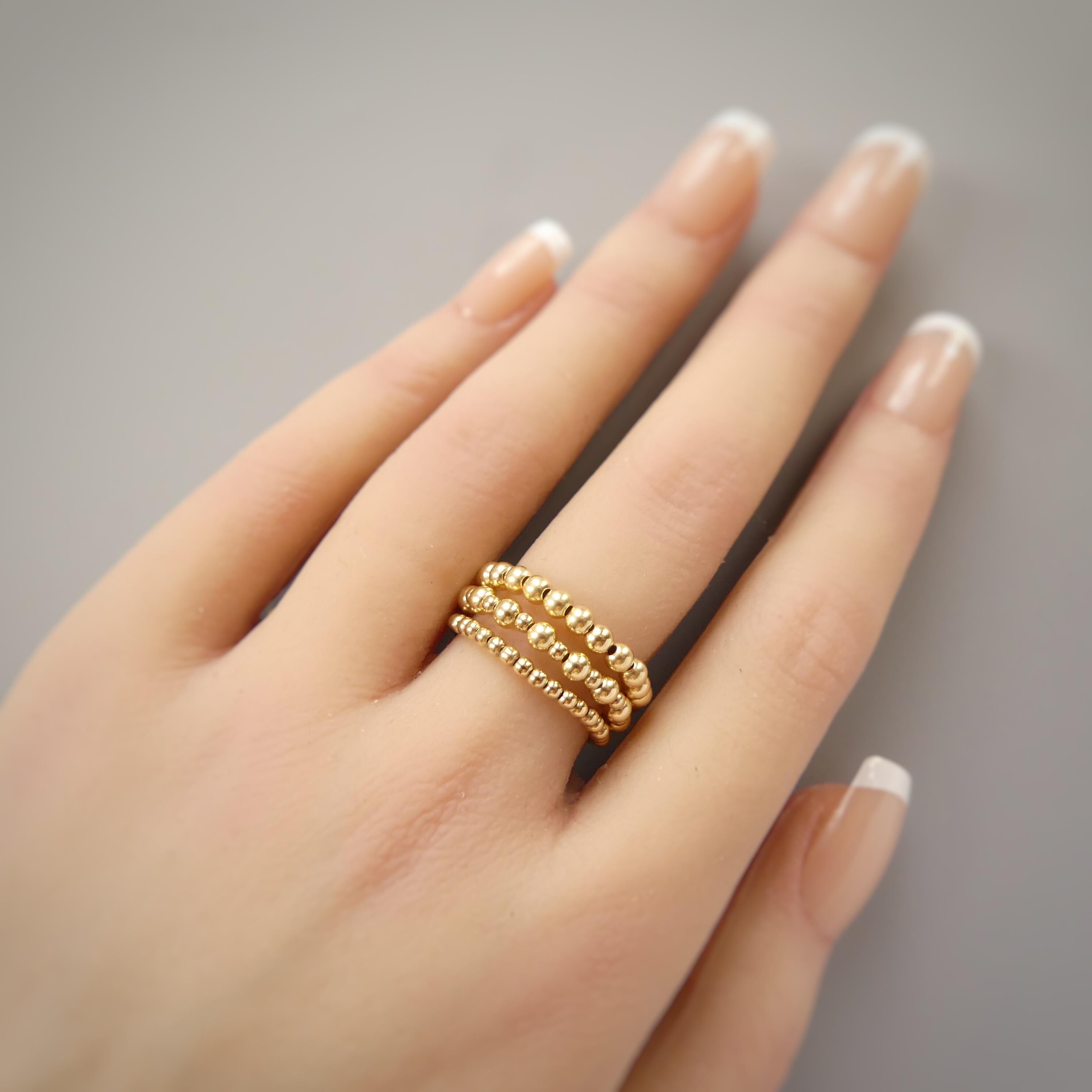 Gold Filled Ring Beaded Stretch Ring Set Dainty Stacking Ring 3mm 2mm Elastic Boho Ring Minimalist Birthday Gift Mom Bride Friend Grandma