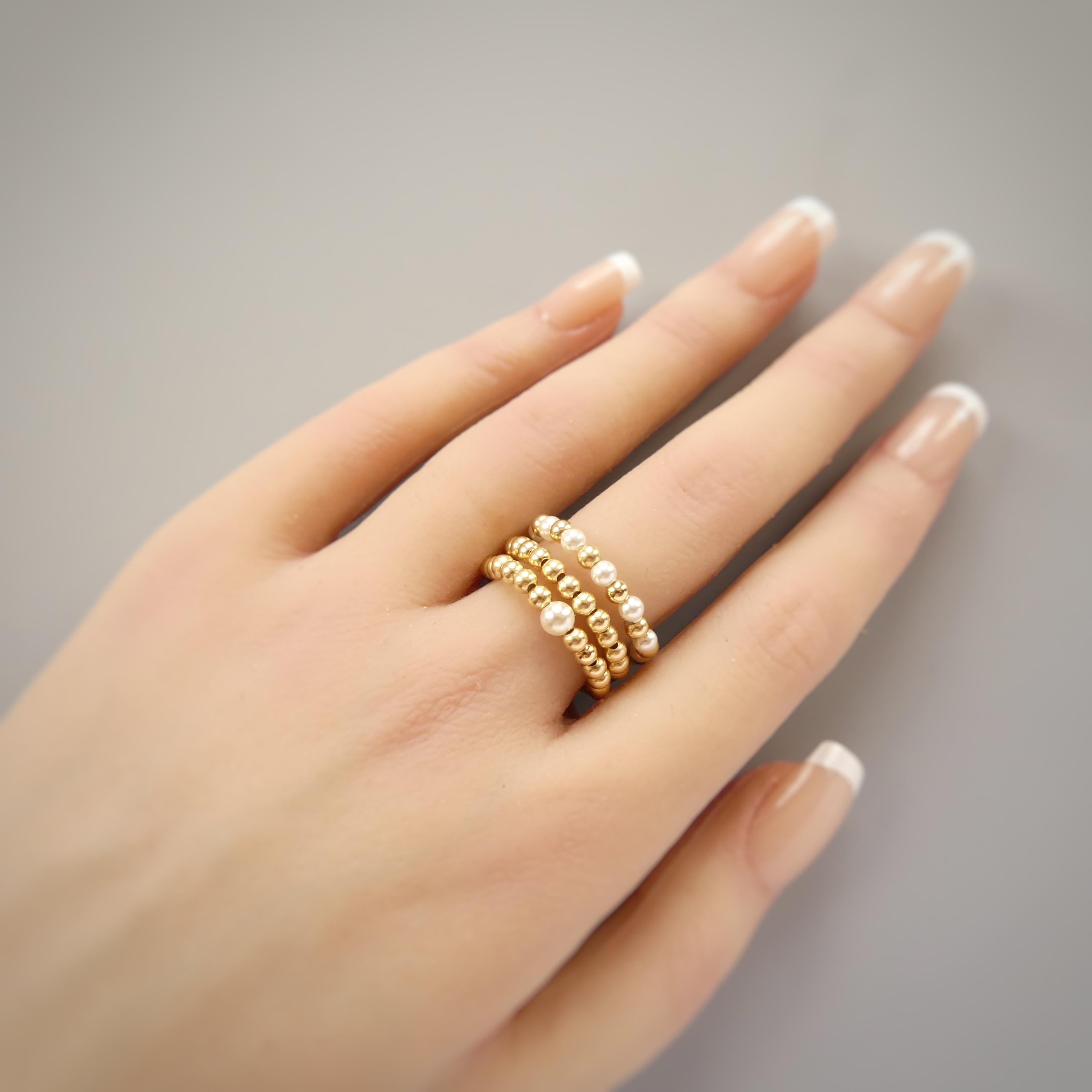Pearl Stretch Ring Set Dainty Stacking Ring 3mm Beaded Gold filled Ring Elastic Boho Rings Minimalist Birthday Gift Mom Bride Friend Grandma