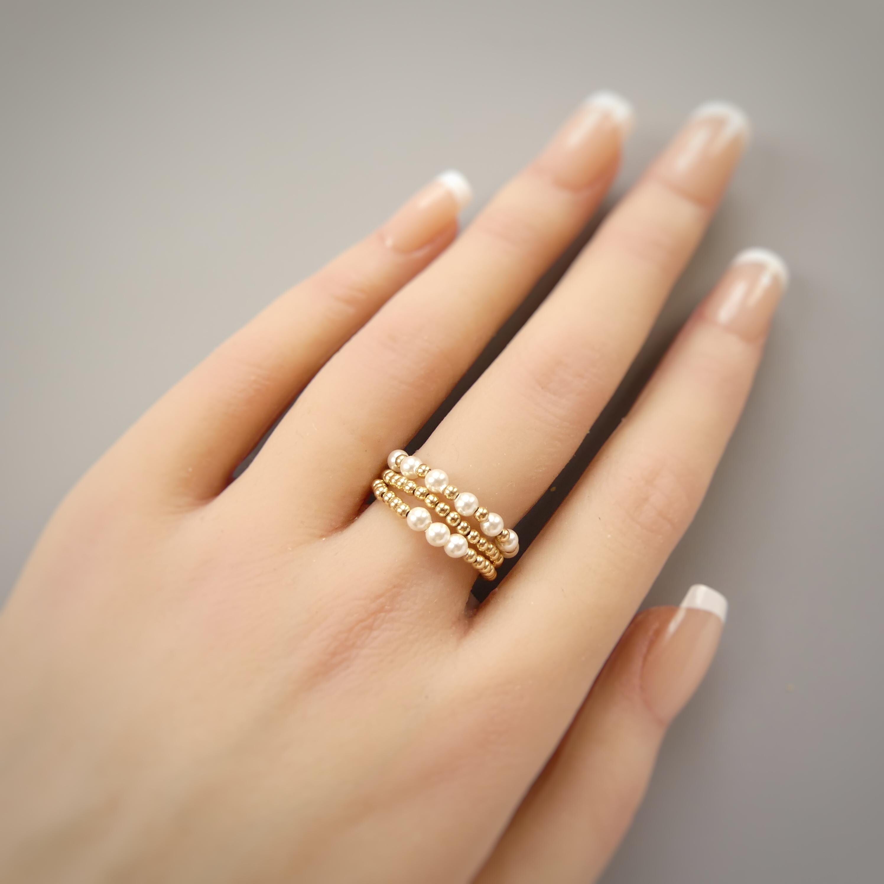 Pearl Stretch Ring Set Dainty Stacking Ring 2mm Beaded Gold filled Ring Elastic Boho Rings Minimalist Birthday Gift Mom Bride Friend Grandma